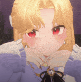 a cartoon girl with blonde hair and red eyes is wearing a purple dress