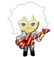a cookie run character is holding a red striped guitar .