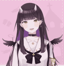 a girl with horns and wings is wearing a choker around her neck .