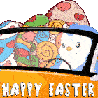 a penguin is driving a car with easter eggs in the back