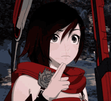 a girl with red hair is holding a sword and pointing up