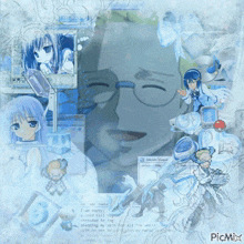 a picture of a man with glasses is surrounded by anime characters and says picmix on the bottom right