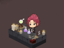 a cartoon character with red hair is sitting at a table with beakers and candles