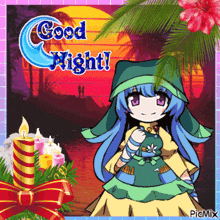 a picture of a girl with blue hair and the words good night on it