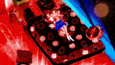 a girl is laying on a bed with a red blanket