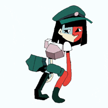 a pixel art drawing of a cartoon character wearing a green hat and holding a box .