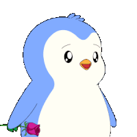 a blue and white penguin holding a pink rose with hearts behind it