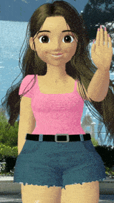 a cartoon girl wearing a pink shirt and blue shorts