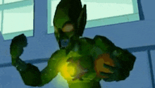 a cartoon character in a gas mask is holding a pumpkin in his hand .