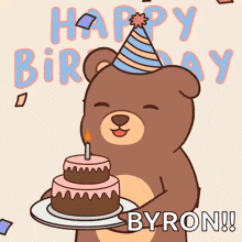 a teddy bear wearing a party hat is holding a birthday cake with a candle