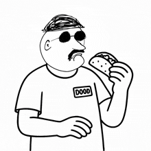 a black and white drawing of a man eating a taco with a tag that says dood