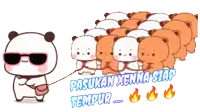 a cartoon of a panda wearing sunglasses leads a row of bears on a leash