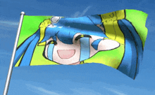 a flag with a drawing of a girl with blue hair