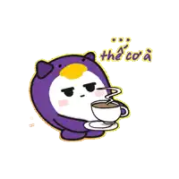 a purple and white cartoon character holding a cup of coffee with a saucer