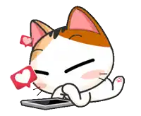 a cartoon cat is holding a cell phone with a heart shaped notification coming out of its mouth
