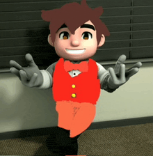 a cartoon character in a red vest and bow tie