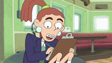a cartoon girl with braces on her teeth is holding a clipboard