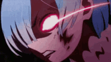 a close up of a person 's face with red eyes and a laser coming out of their eyes .