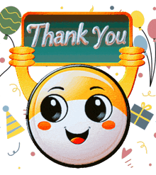 a smiley face is holding a sign that says " thank you "