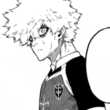 a black and white drawing of a person with a shield on their shirt