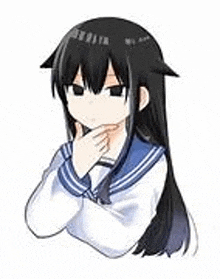 a cartoon girl with long black hair and a sailor uniform is thinking .