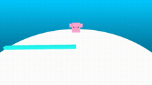 a pink pig is standing on top of a white circle with a blue background