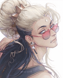 a drawing of a woman wearing sunglasses and earrings has the watermark dkt artist on the bottom
