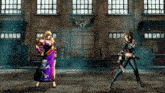 two female fighters are standing in front of a building that has the word kof on it