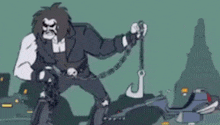 a cartoon of a man riding a motorcycle with a rocket in his hand .
