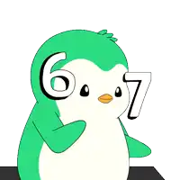 a green and white penguin has the number 6 and 7 on its face