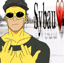 a cartoon of a man in a yellow superhero costume with sybau written in black