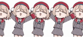 a row of cartoon girls with their arms up