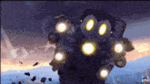 a cartoon drawing of a giant robot with a yellow eye