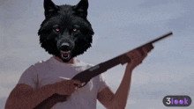a man holding a shotgun with a wolf head on his face