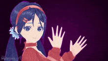 a girl with blue hair and a red headband is holding her hands up