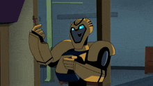 a cartoon of a robot holding a pink object in his hand