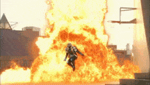 a man in a superhero costume is flying through a large explosion