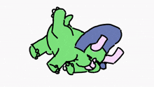 a cartoon drawing of a green monster with a question mark on its back