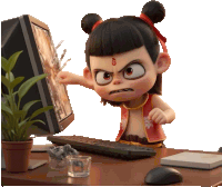 a cartoon character with a g on his forehead is playing a game on a computer