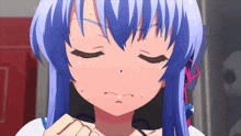 a girl with blue hair has her eyes closed and her mouth open