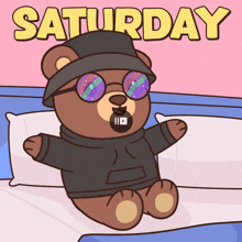 a cartoon of a teddy bear wearing glasses and a hat with saturday written in yellow letters