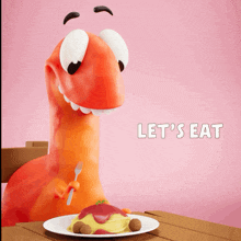 a cartoon of a dinosaur eating a plate of food with the words let 's eat underneath it