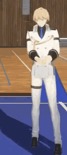 a man in a white uniform and blue tie is standing on a basketball court .