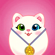 a cartoon cat is wearing a gold medal around its neck