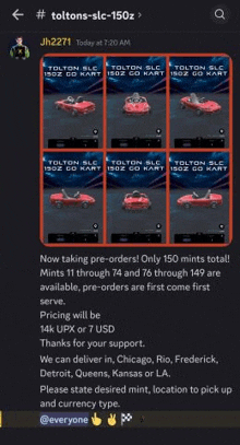 a screenshot of a discord channel talking about taking pre-orders for go karts .