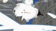 a cartoon character is flying through the air with a clock on its head that says xii