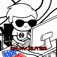a black and white drawing of a person using a computer with the words oh my puter on the bottom