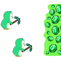 a penguin is holding a pickaxe in front of a wall of green emeralds