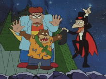 a group of cartoon characters including a vampire and a bear with the letter m on their shirt