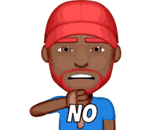 a cartoon man wearing a red hat and a blue shirt with the word no on it